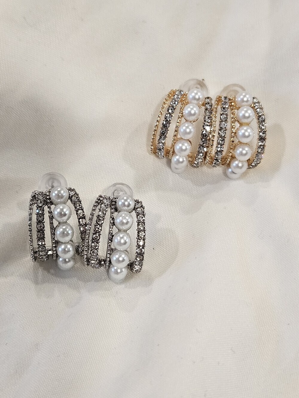 NEW Pearl & Crystal Multi-Row Huggie Hoop Earrings - Gold or Silver